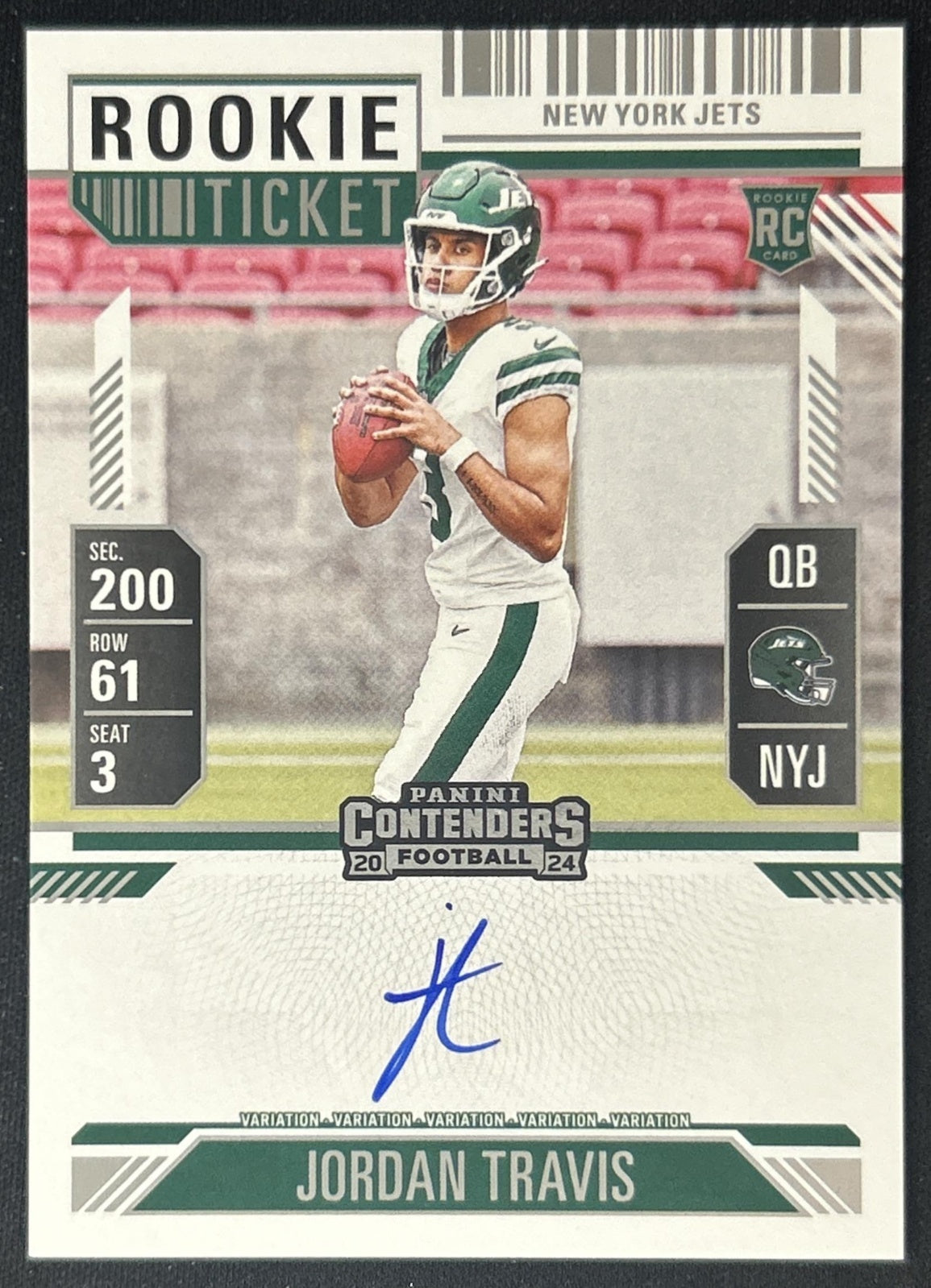 Jordan Travis 2024 Panini Contenders Rookie Ticket RPS Variation Auto Jets front