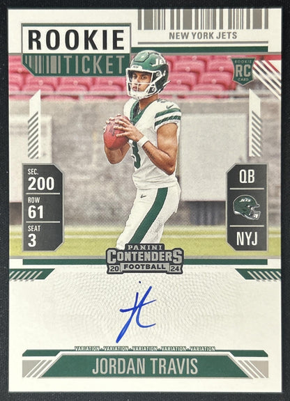 Jordan Travis 2024 Panini Contenders Rookie Ticket RPS Variation Auto Jets front
