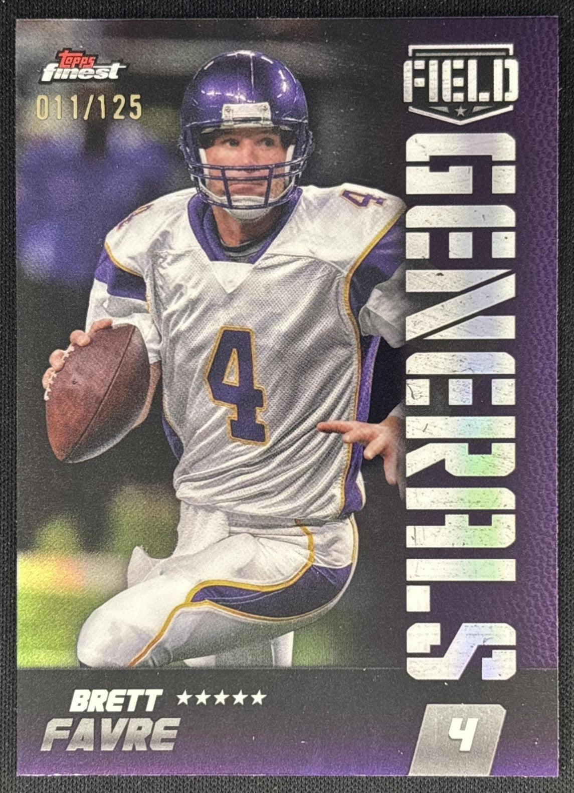 Brett Favre 2024 Topps Finest Field Generals Purple Refractor /125 Vikings front