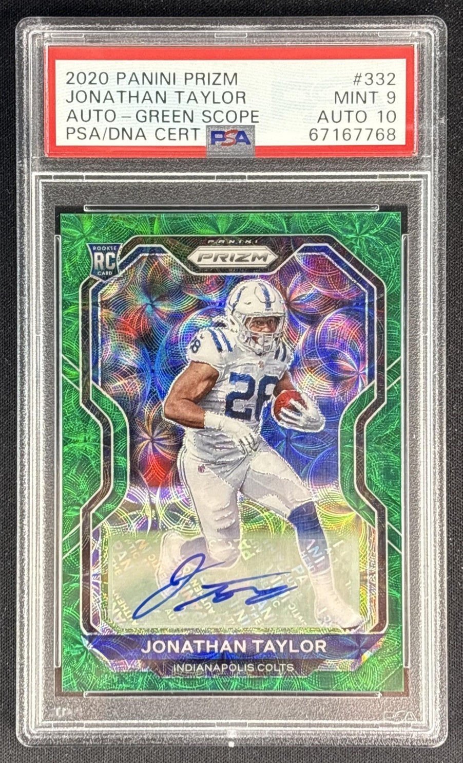 Jonathan Taylor 2020 Panini Prizm Rookie Auto Neon Green Pulsar PSA 9 Auto 10 Colts front