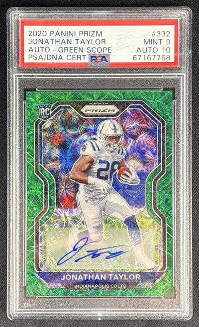 Jonathan Taylor 2020 Panini Prizm Rookie Auto Neon Green Pulsar PSA 9 Auto 10 Colts front