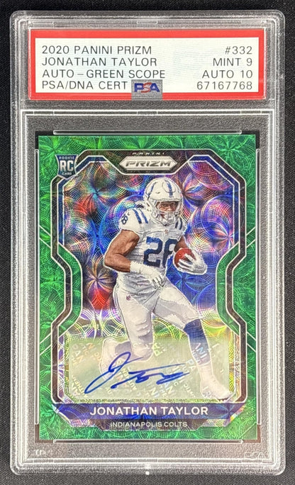 Jonathan Taylor 2020 Panini Prizm Rookie Auto Neon Green Pulsar PSA 9 Auto 10 Colts front