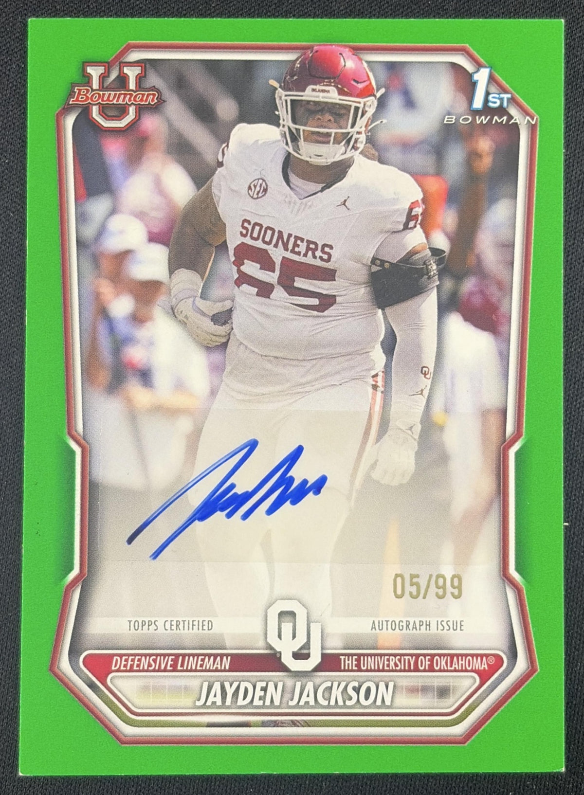 Jayden Jackson 2026 Bowman Paper Prospect Auto Green /99 Sooners Sports Trading Card