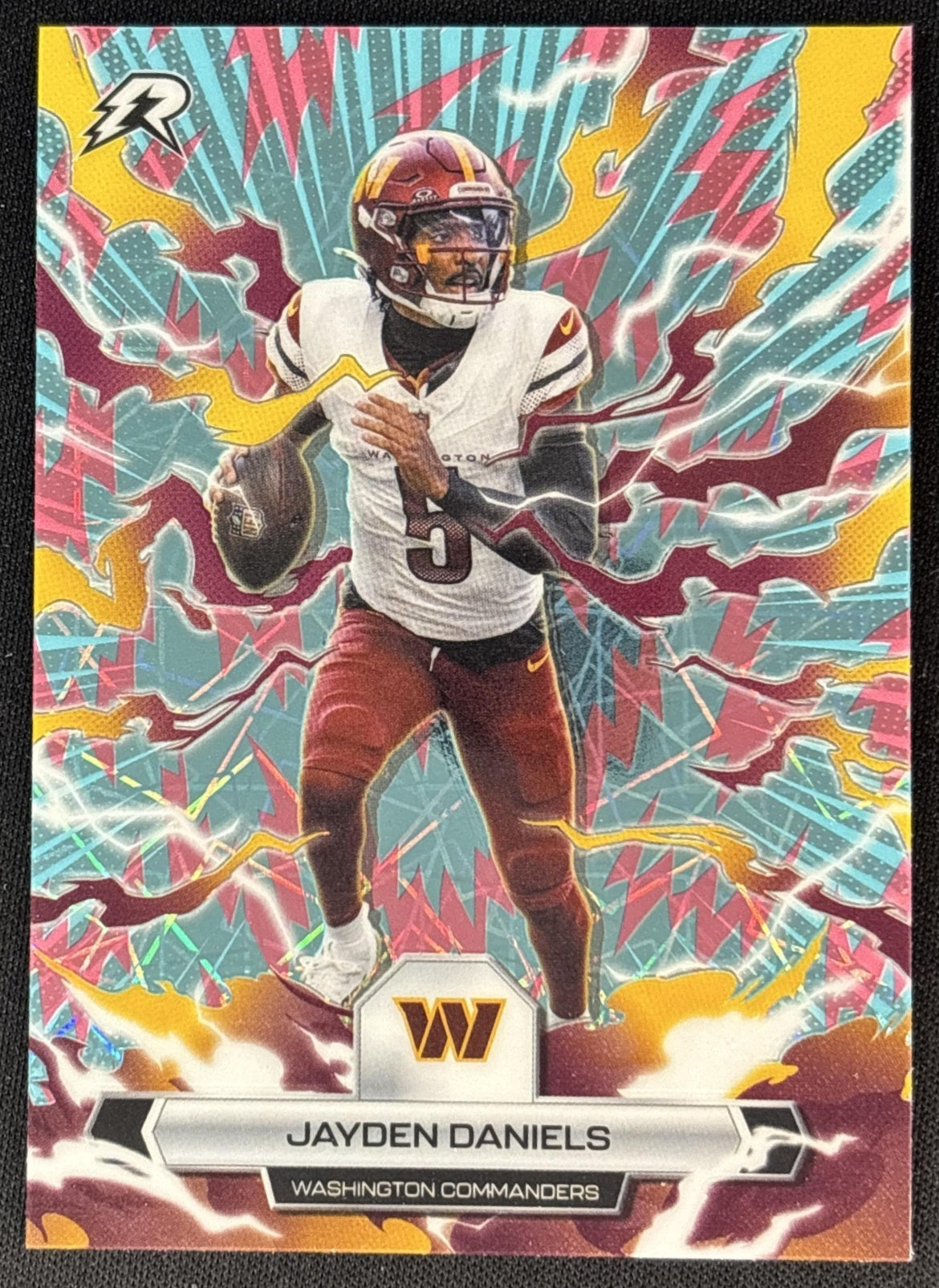 Jayden Daniels 2025 Resurgence Sky Blue and Pink Shock Refractor Commanders Washington Commanders Sports Trading Cards