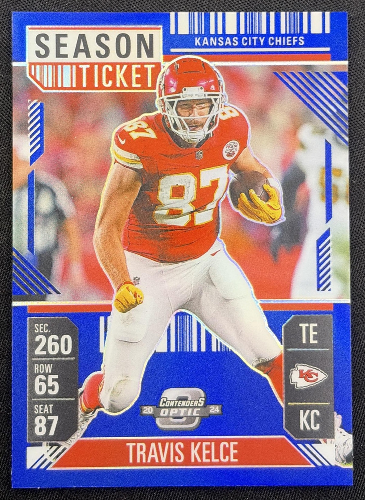 Travis Kelce 2024 Panini Contenders Optic Season Ticket Blue Prizm /99 Chiefs Kansas City Chiefs