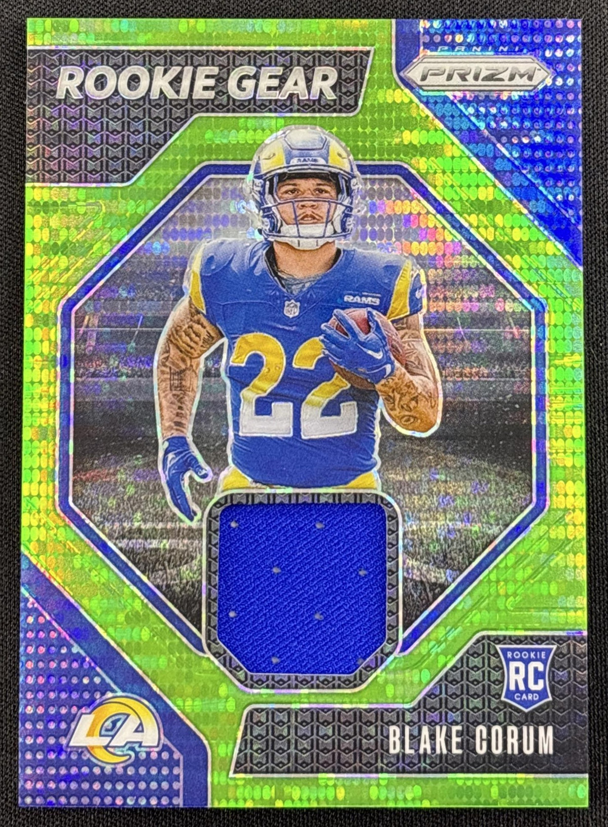 Blake Corum 2024 Panini Prizm Rookie Gear Neon Green Pulsar Rams