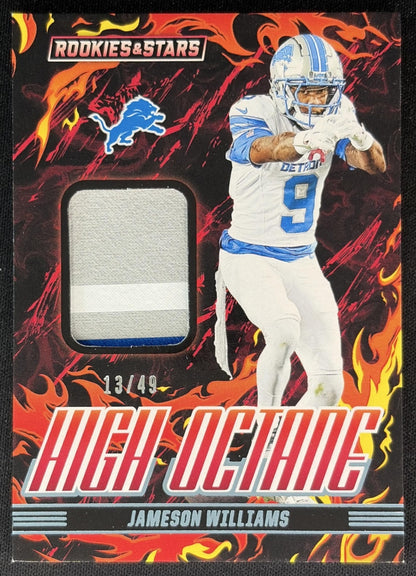Jameson Williams 2025 Rookies & Stars High Octane Memorabilia Prime /49 Lions Sports Trading Cards