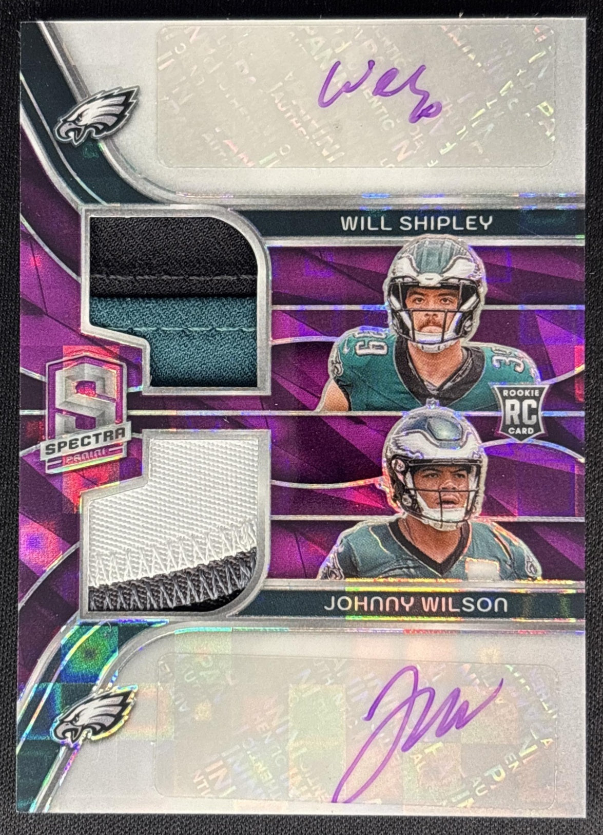 Will Shipley Johnny Wilson 2024 Spectra Dual Patch Auto Neon Purple /30 Sports Trading Cards