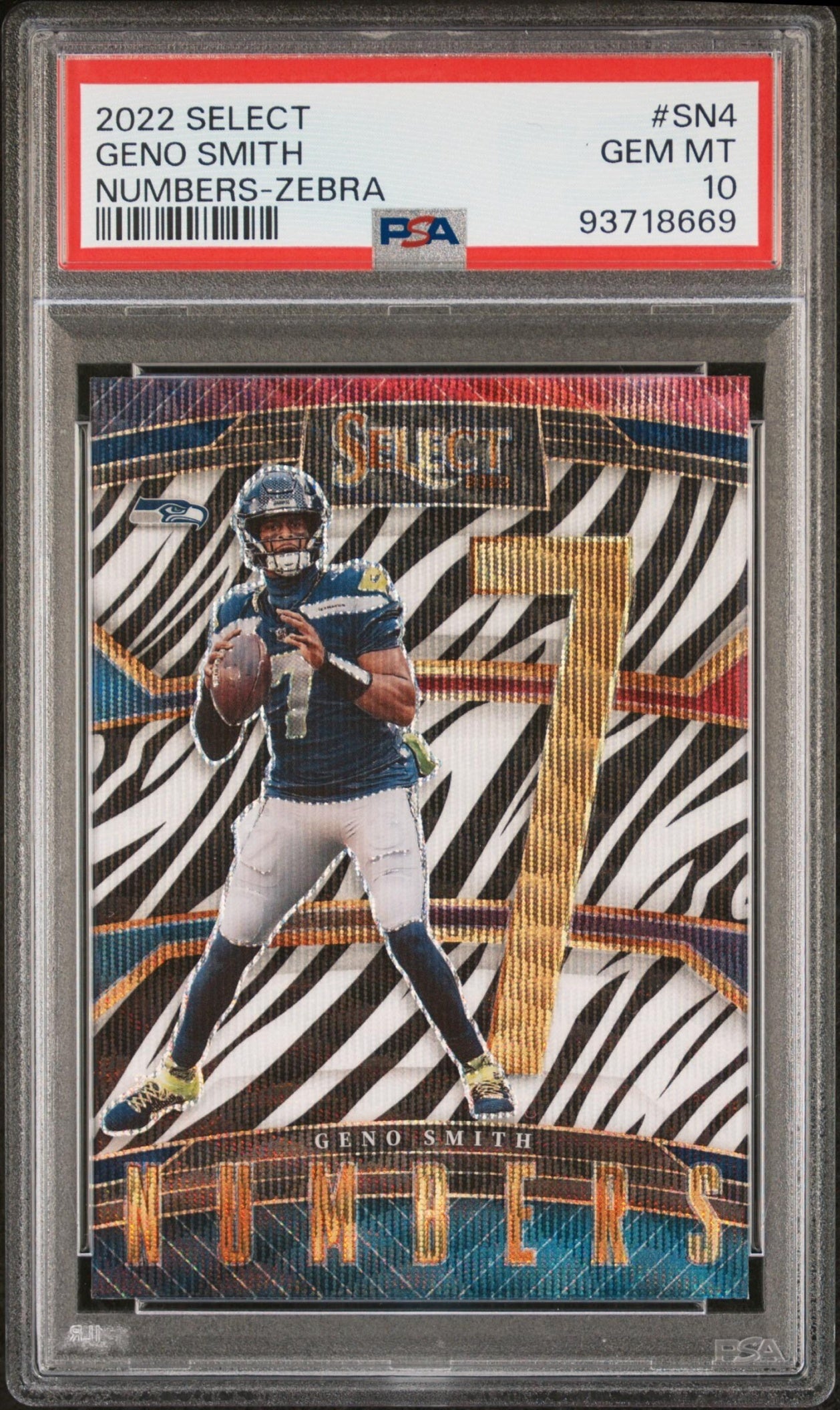 Geno Smith 2022 Select Numbers Zebra Prizm PSA 10 Seahawks - Front