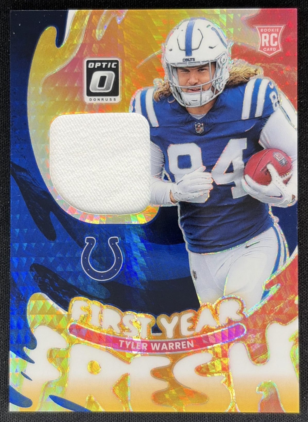 Tyler Warren 2025 Panini Donruss Optic First Year Fresh Blue Hyper Prizm Colts front