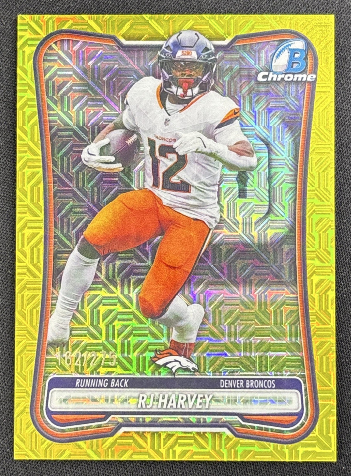 RJ Harvey 2026 Bowman Chrome NFL Yellow Mojo Refractor /275 Broncos Sports Trading Card