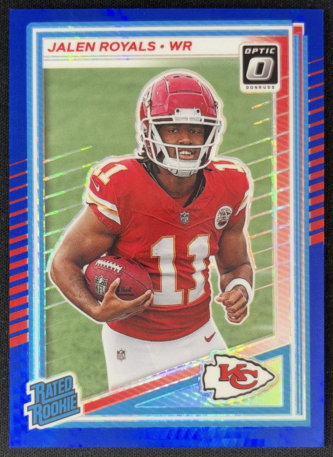 Jalen Royals 2025 Panini Donruss Optic Rated Rookie Blue Hyper Prizm Chiefs front