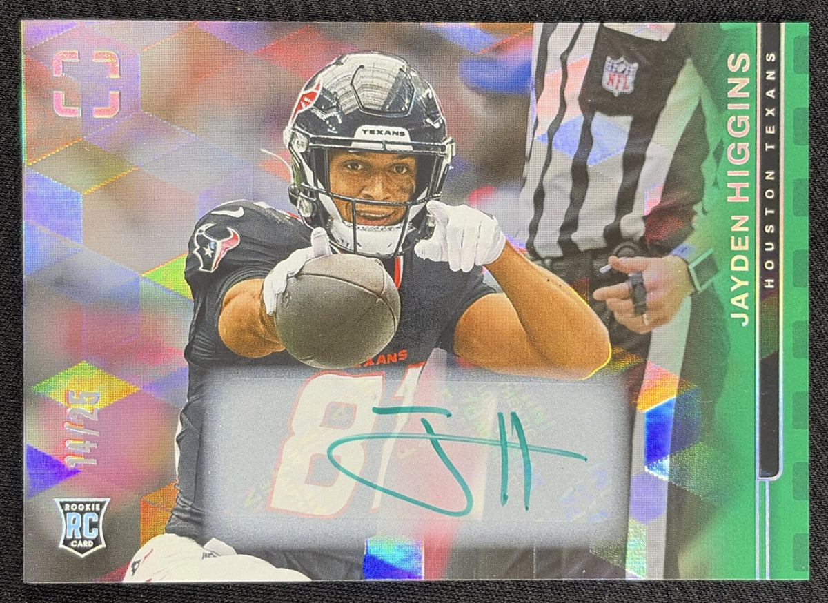 Jayden Higgins 2025 Panini PhotoGenic Rookie Auto Horizontal Green /25 Texans