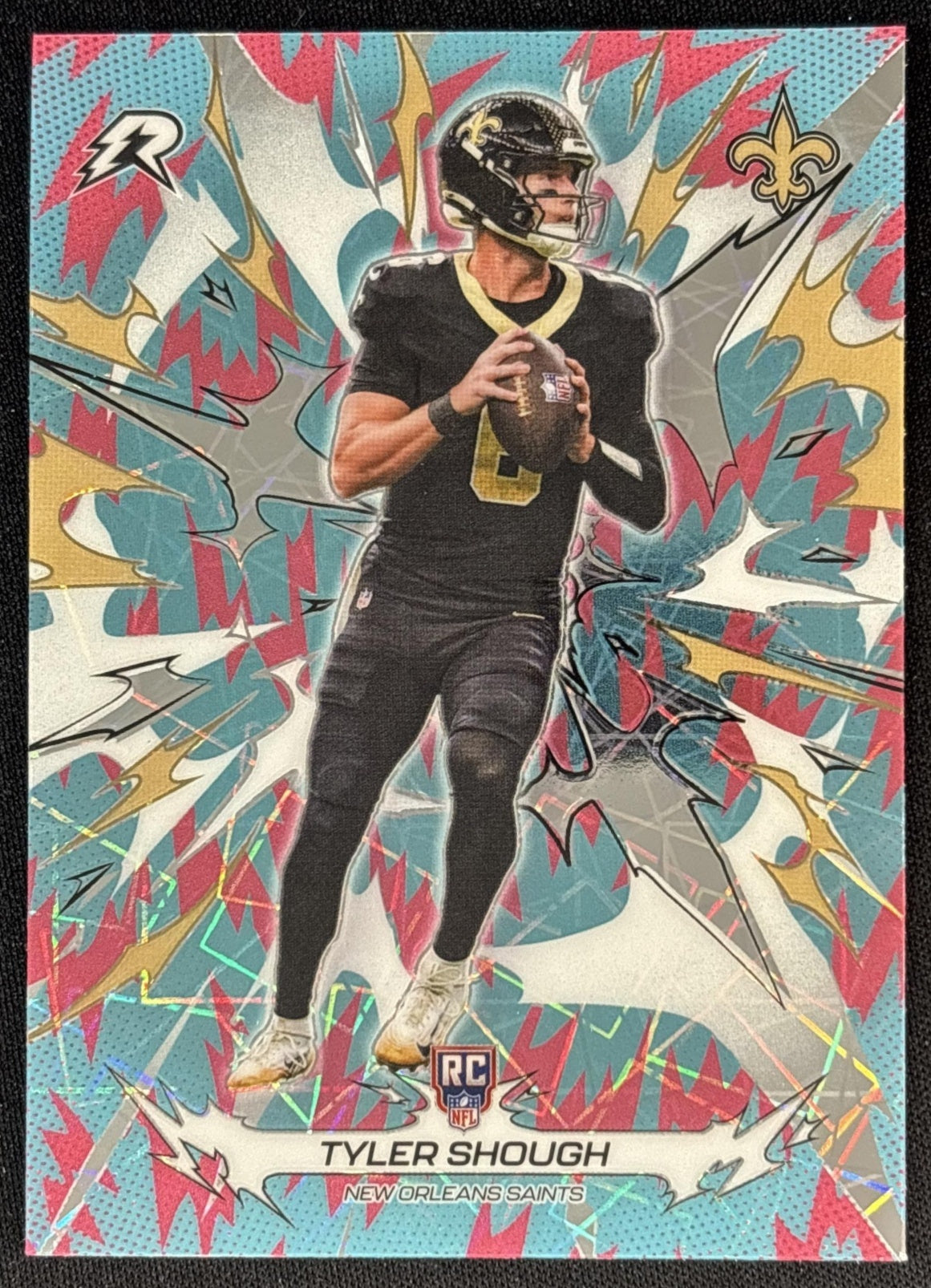 Tyler Shough 2025 Topps Resurgence Sky Blue and Pink Shock Refractor Saints New Orleans Saints Sports Trading Cards