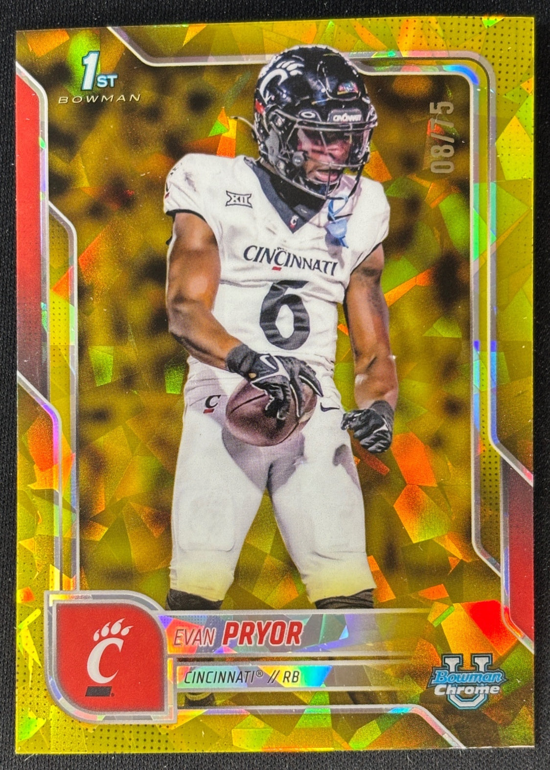 Evan Pryor 2025 Chrome University Prospects Purple Shimmer Refractor /75 Bearcats - Front | Wayne Collection