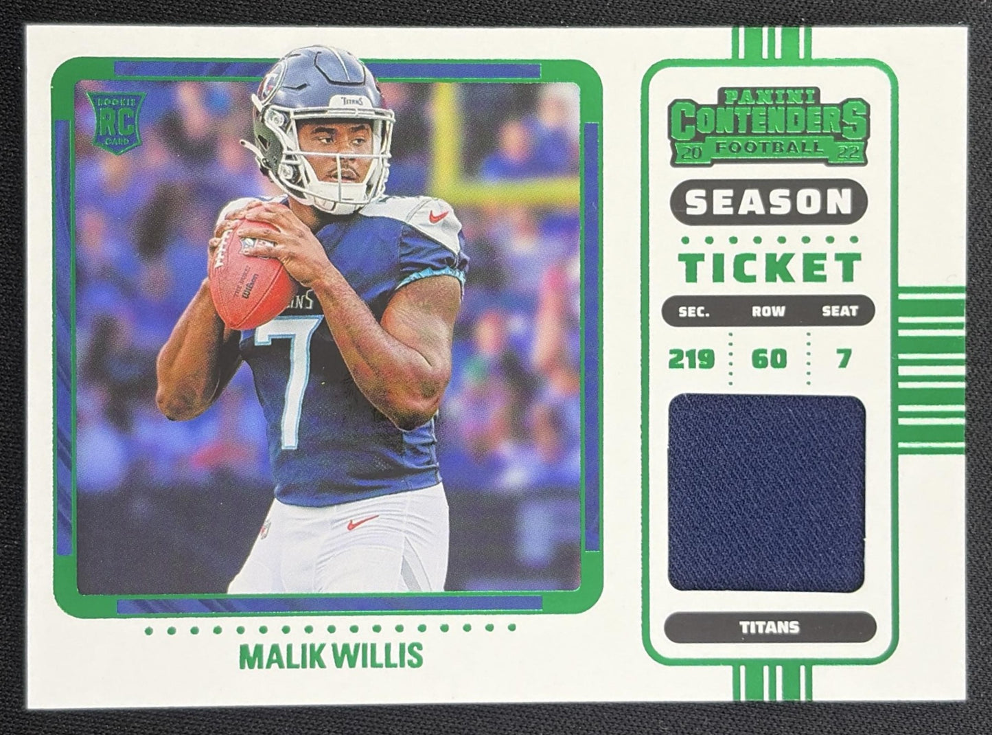 Malik Willis 2022 Panini Contenders Rookie Ticket Swatches Variation Titans