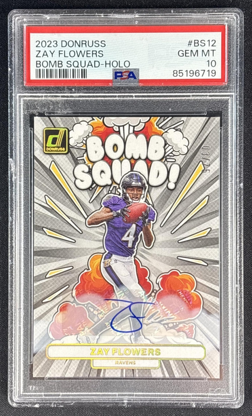 Zay Flowers 2023 Panini Donruss Bomb Squad Auto /75 PSA 10 Ravens front