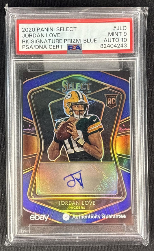 Jordan Love 2020 Panini Select Rookie Signatures Blue Prizm /60 PSA 9 Auto 10 Packers front