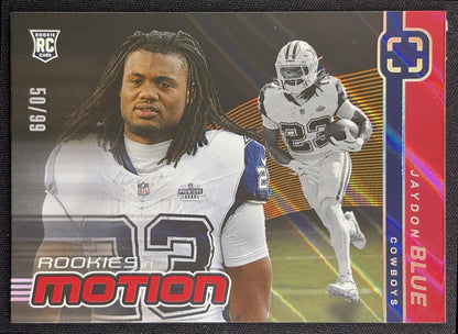 Jaydon Blue 2025 Panini PhotoGenic Rookies In Motion Red /99 Cowboys Dallas Cowboys