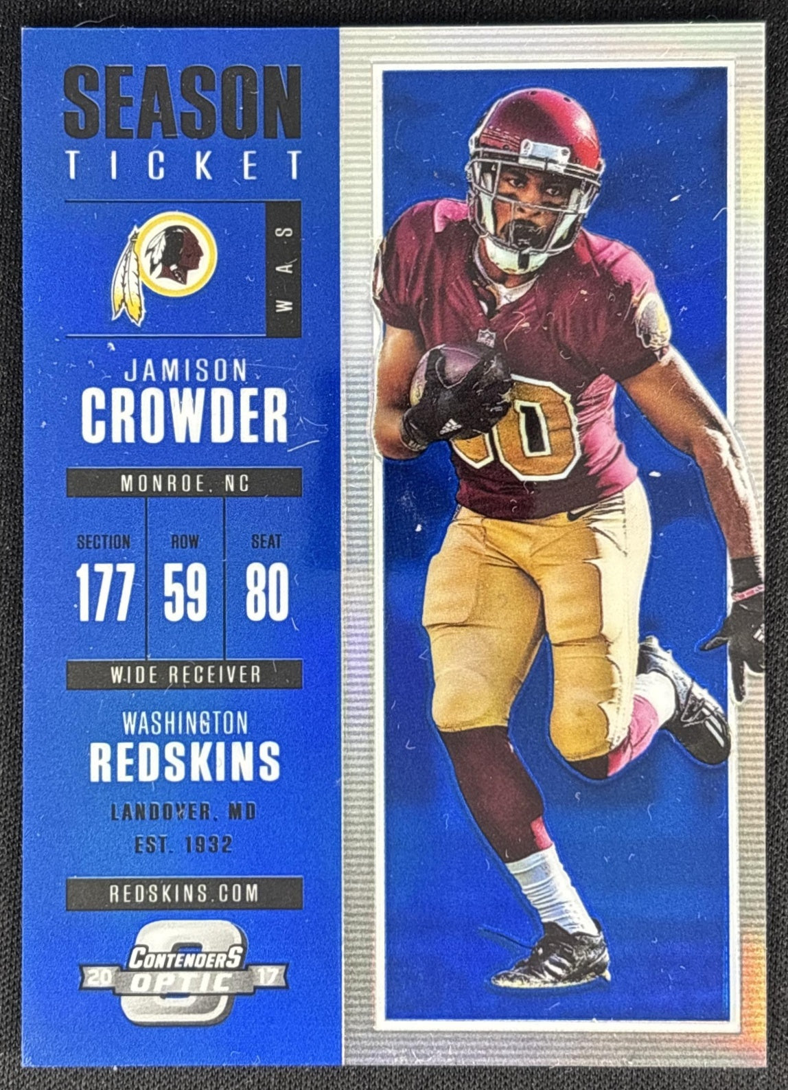 Jamison Crowder 2019 Panini Contenders Optic Blue /99 Commanders front