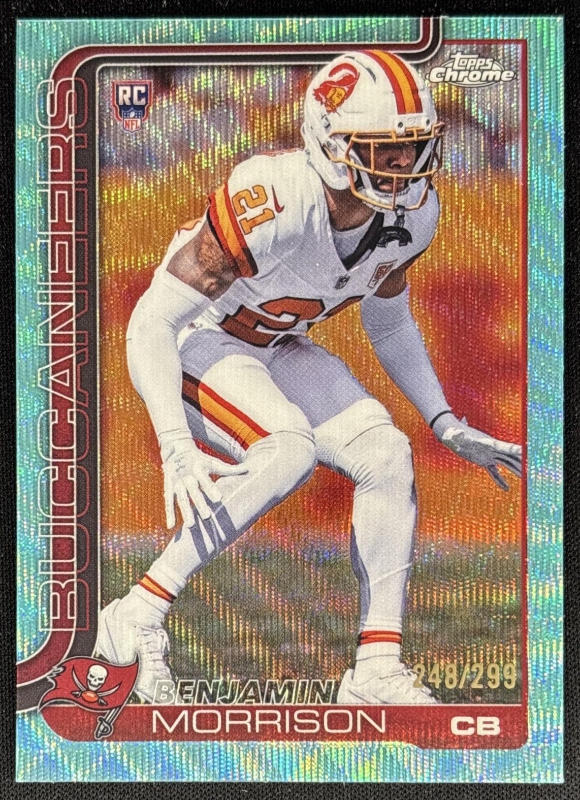 Benjamin Morrison 2025 Topps Chrome Rookie Teal Wave Refractor /299 Buccaneers Default Title Sports Trading Card