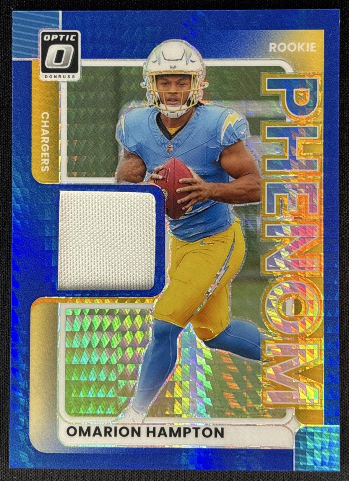 Omarion Hampton 2025 Donruss Optic Rookie Phenoms Blue Hyper Prizm Chargers Sports Trading Cards