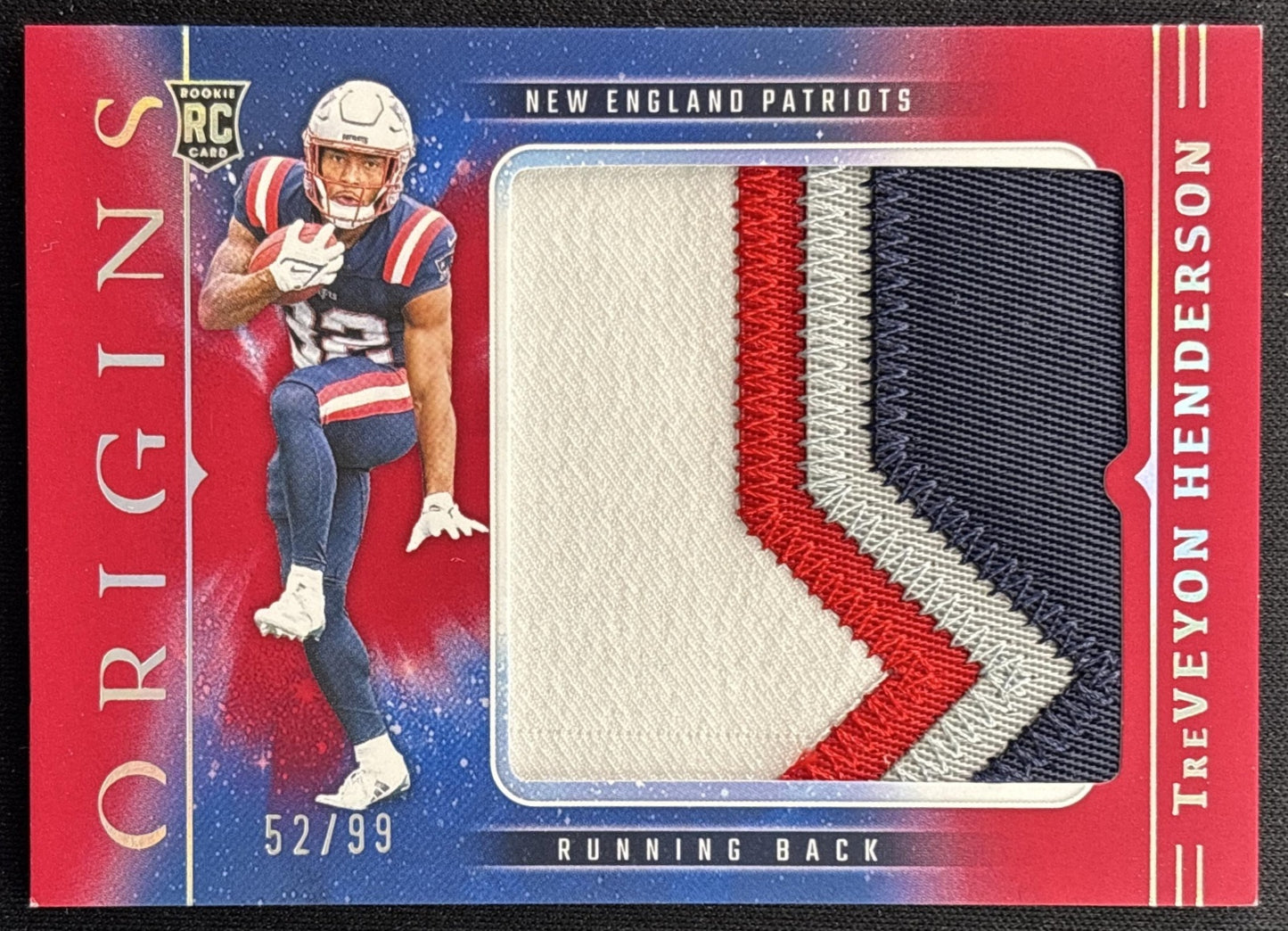 TreVeyon Henderson 2025 Panini Origins Rookie Jumbo Jersey Red /99 Patriots front