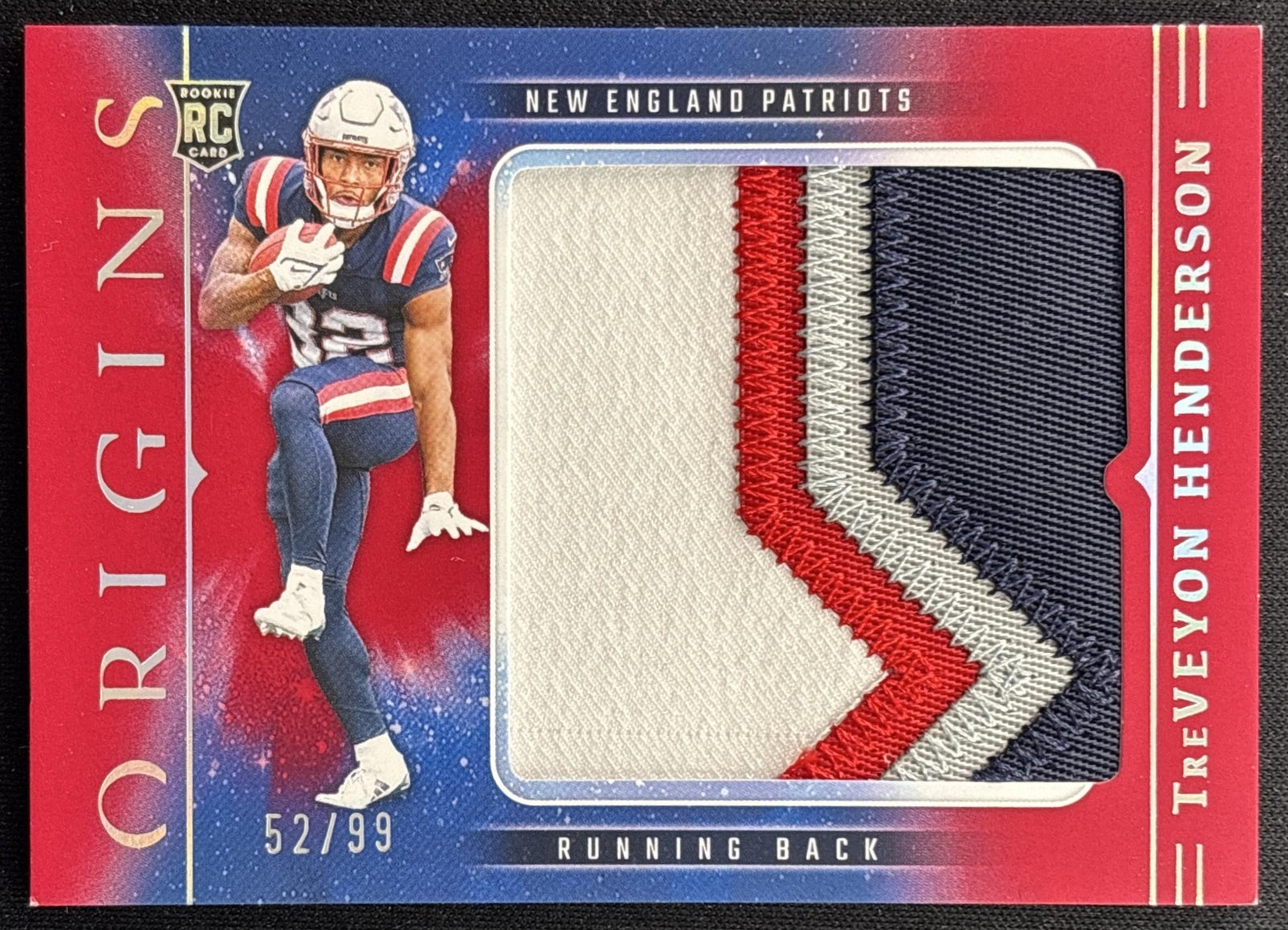 TreVeyon Henderson 2025 Panini Origins Rookie Jumbo Jersey Red /99 Patriots front