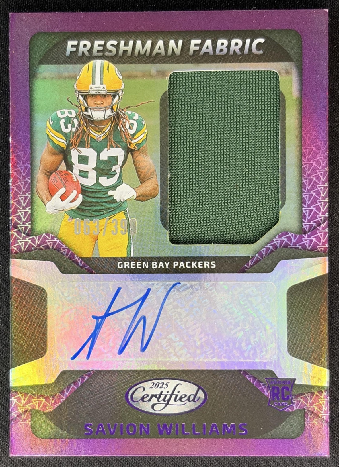 Savion Williams 2025 Certified Freshman Fabric Mirror Signatures Purple /399 Packers front
