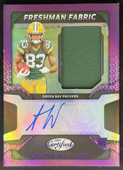 Savion Williams 2025 Certified Freshman Fabric Mirror Signatures Purple /399 Packers front