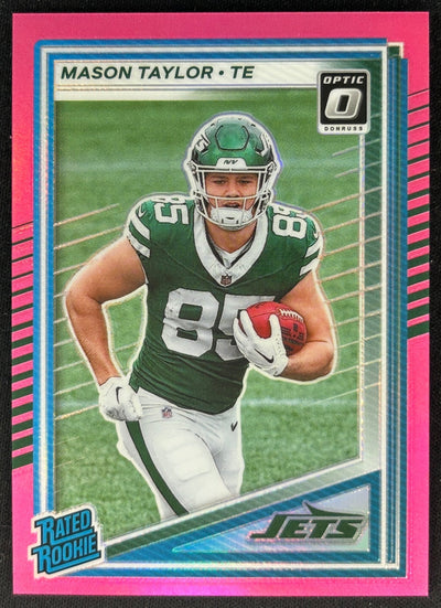 Mason Taylor 2025 Donruss Optic Rated Rookie Preview Pink Jets Sports Trading Cards
