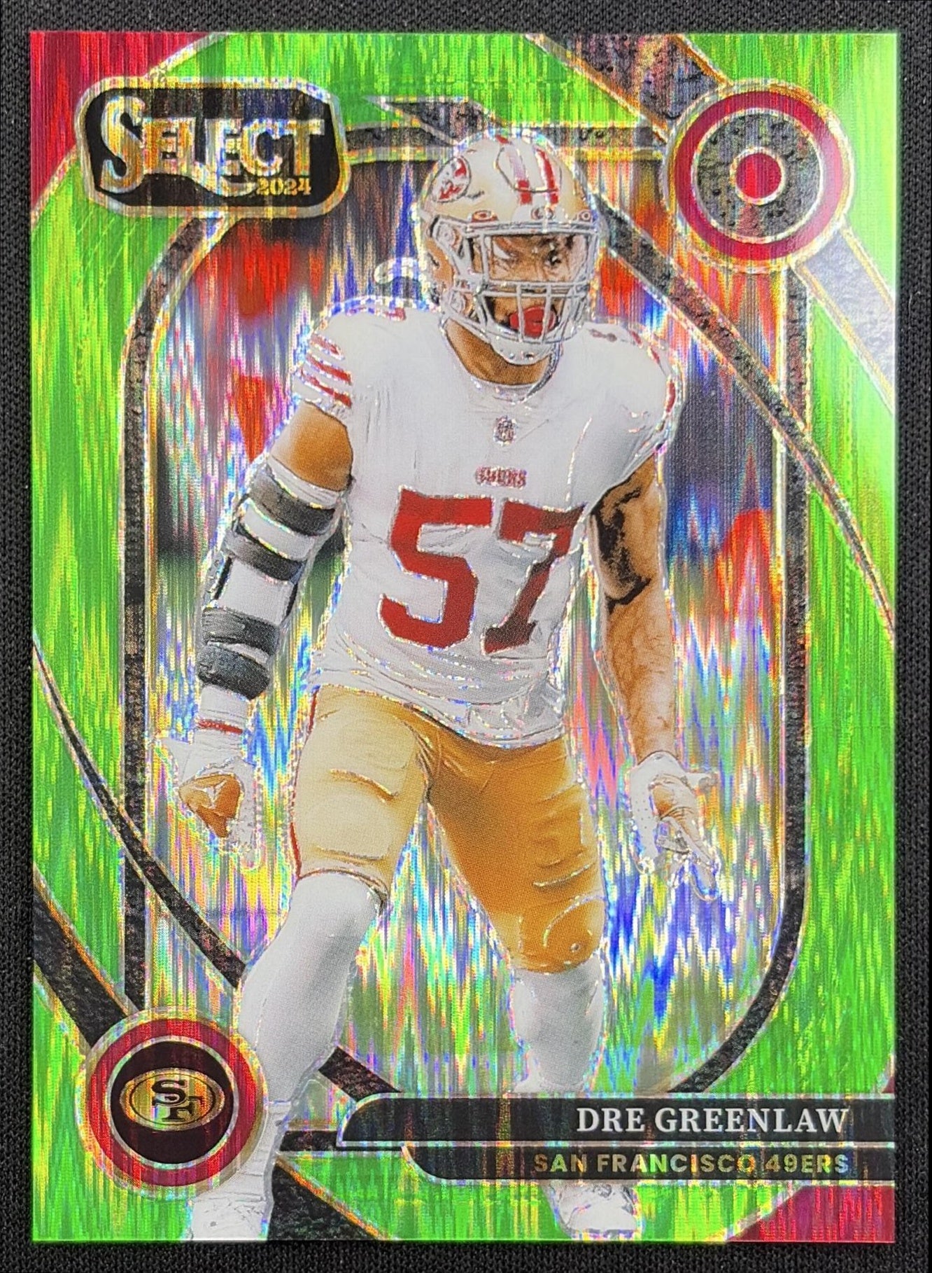 Dre Greenlaw 2024 Panini Select Club Neon Green Prizm Shock /499 49ers front