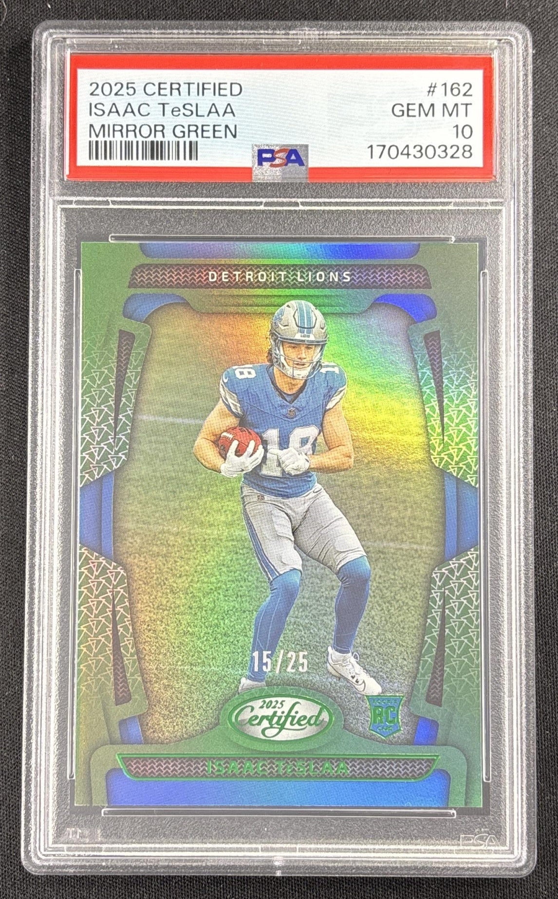 Isaac TeSlaa 2025 Panini Certified Rookies Mirror Green /25 PSA 10 Lions Sports Trading Card