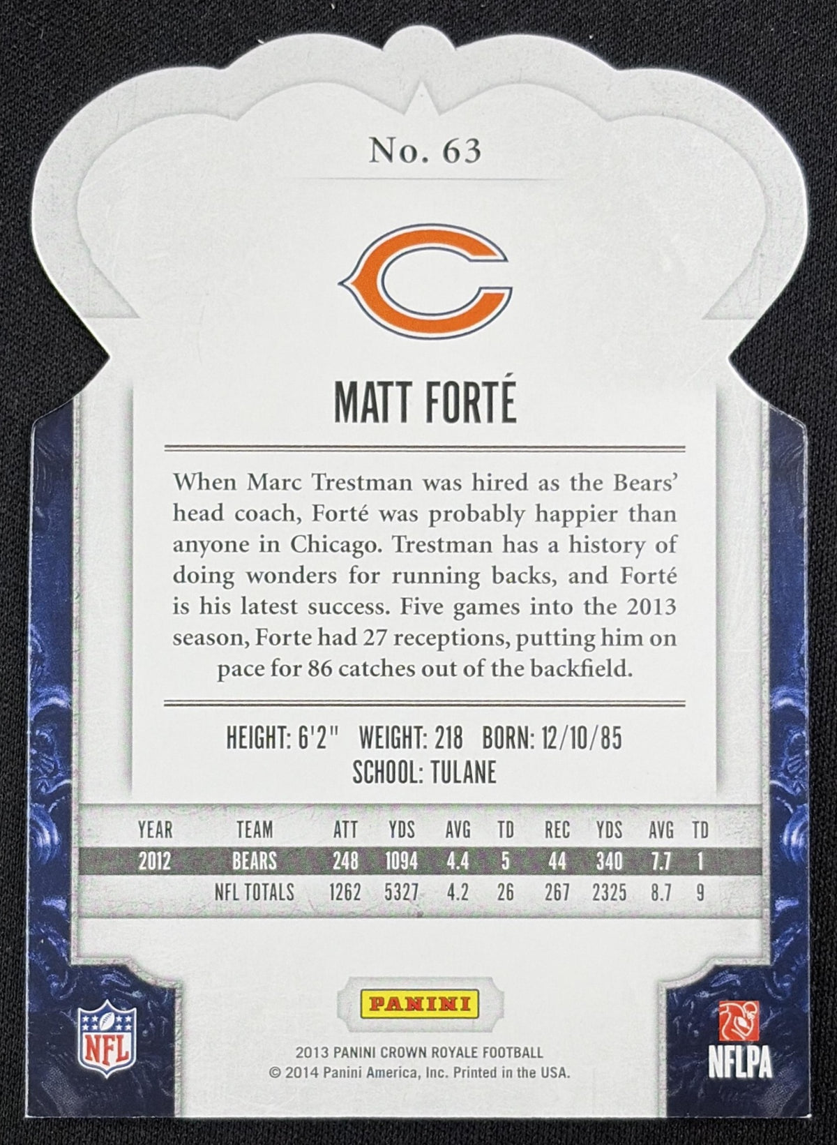 Matt Forte 2013 Panini Crown Royale Gold Die Cut Crown/99 Bears