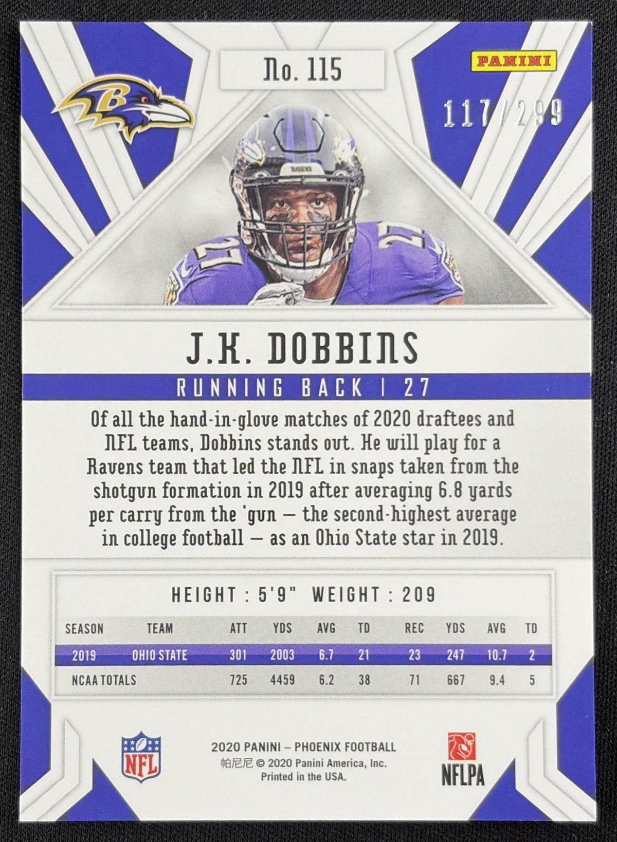 J.K. Dobbins 2020 Panini Phoenix Red /299 Ravens