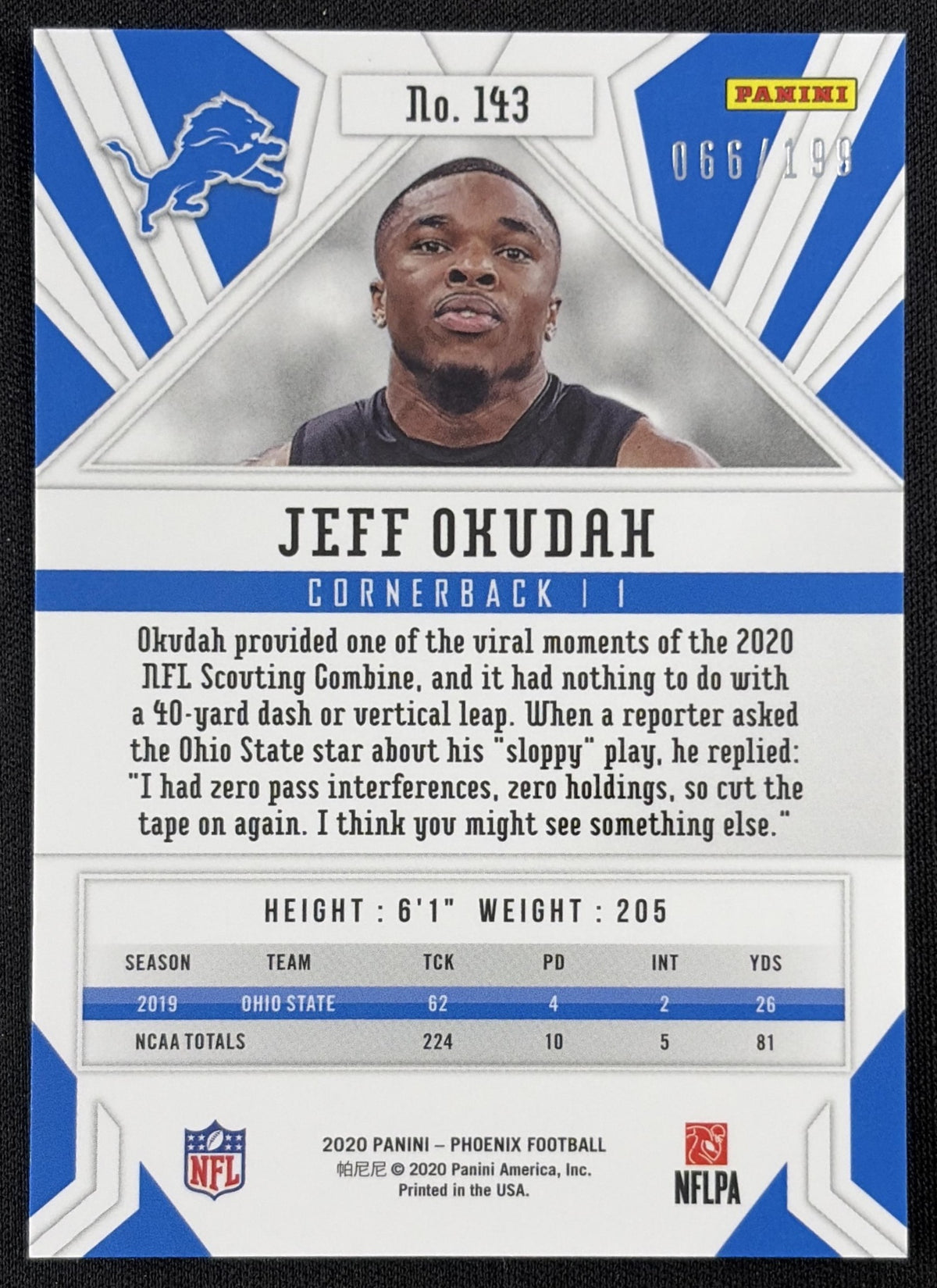 Jeff Okudah 2020 Panini Phoenix Pink /199 Lions