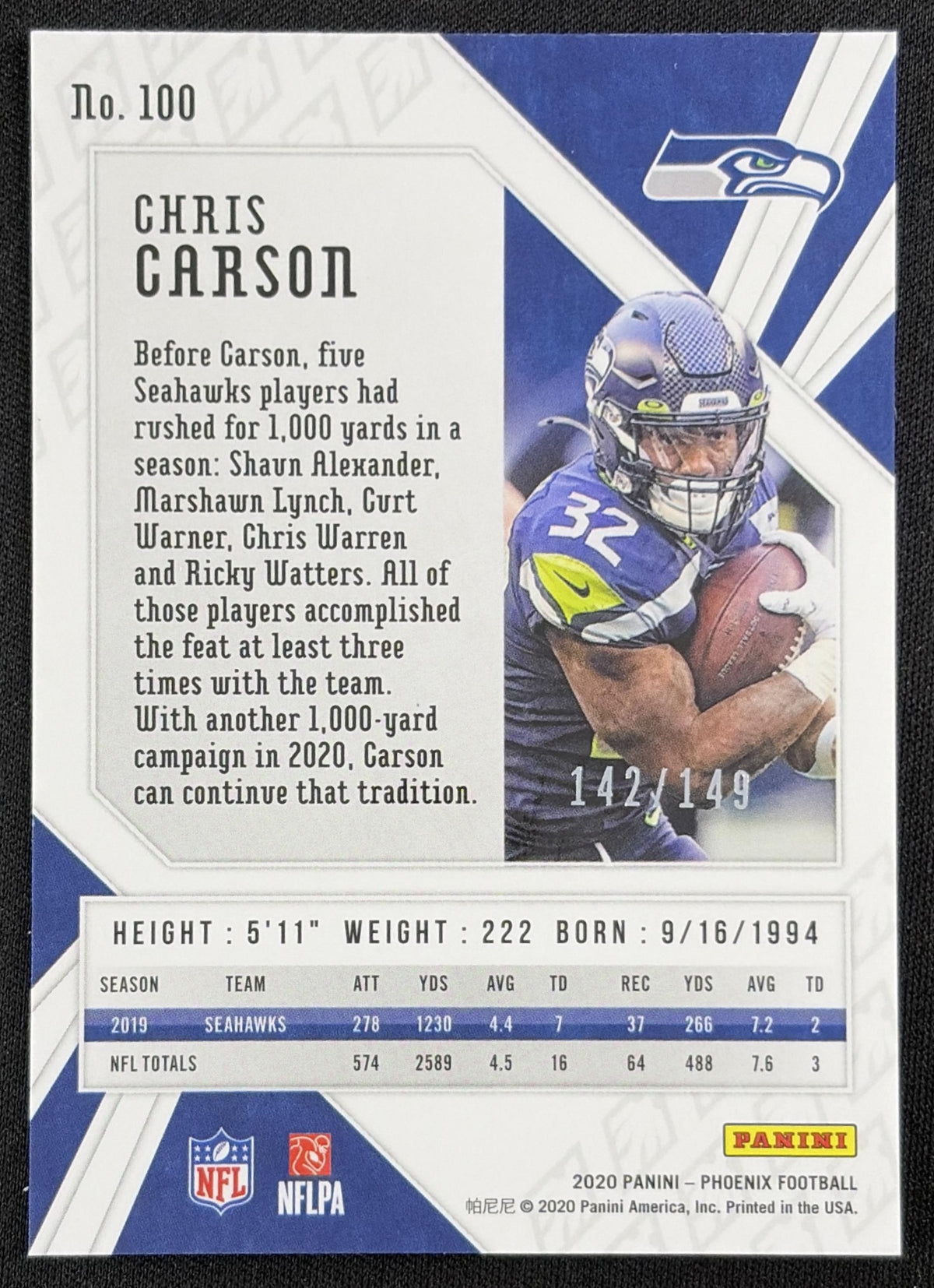 Chris Carson 2020 Panini Phoenix Purple /149 Seahawks