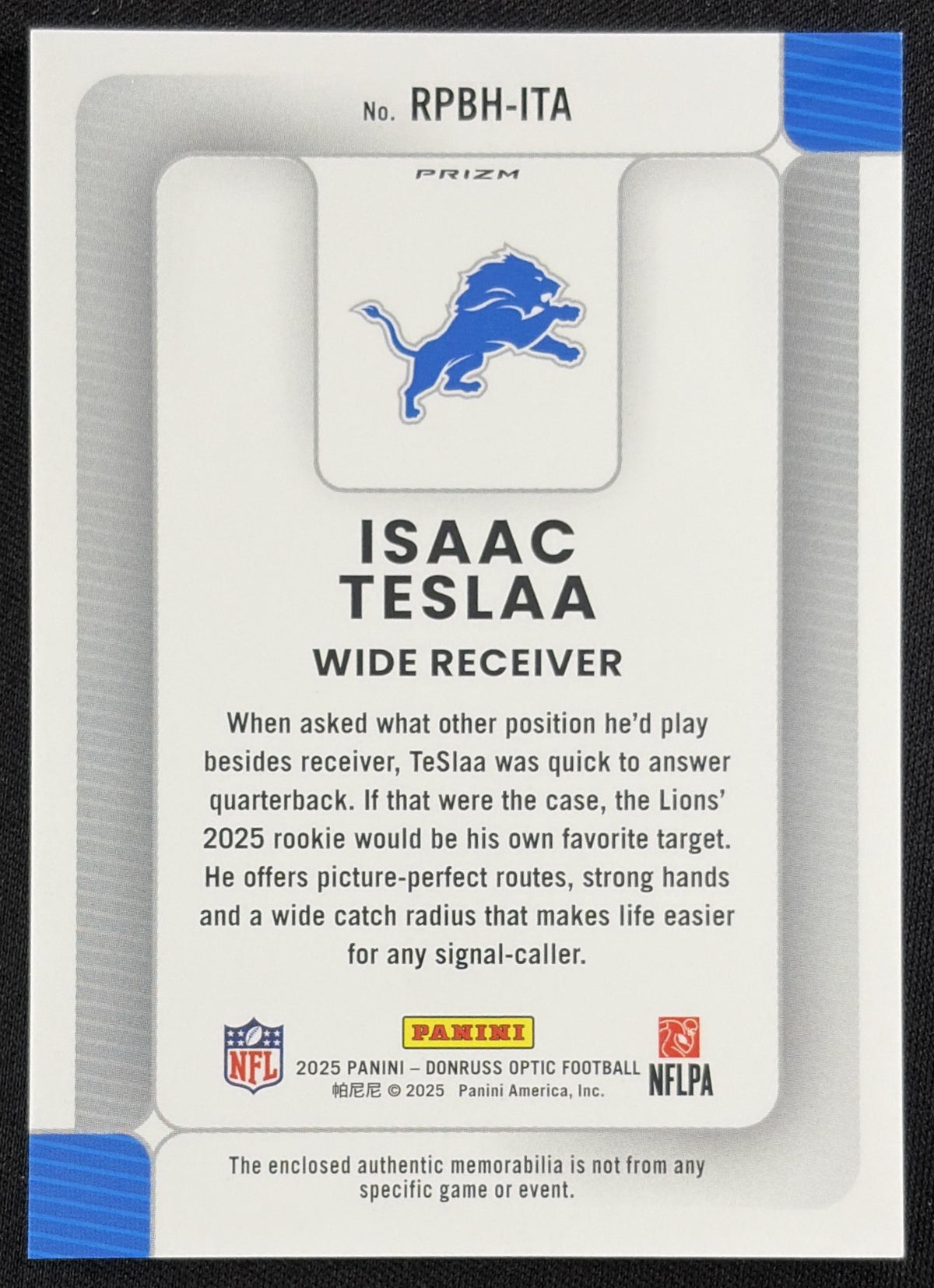 Isaac TeSlaa 2025 Panini Donruss Optic Rookie Phenoms Neon Blue Prizm Lions